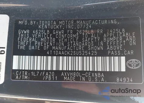 2025 Toyota Camry Le z USA, uszkodzony, nr VIN 4T1DAACK2SU525425